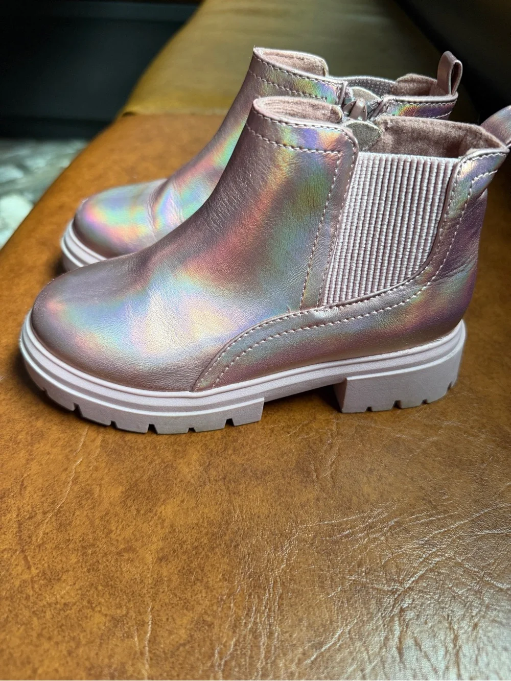 Girls' Iridescent Pink Chelsea Boots with Easy Slip-On Design size 11.